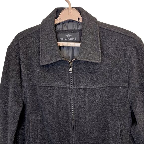 Dockers Men's L Charcoal Black Wool Blend Full Zip Bomber Coat Jacket - Picture 2 of 16